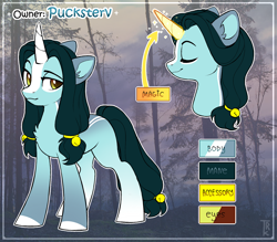 Size: 1600x1400 | Tagged: safe, artist:trickate, oc, oc only, oc:abigail blackwood, species:pony, species:unicorn, bell, female, magic, reference sheet, solo