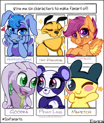Size: 828x978 | Tagged: safe, artist:esmeia, character:scootaloo, species:anthro, species:dog, species:pegasus, species:pony, anthro with ponies, blush sticker, blushing, bone, bulldog, bust, colored hooves, crossover, drool, eyes closed, female, filly, goodra, heart, hoppopotamus, littlest pet shop, mametchi, mouth hold, one eye closed, penny ling, pokémon, six fanarts, smiling, tamagotchi, the wuzzles, tom and jerry, wink