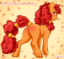 Size: 771x709 | Tagged: safe, artist:esmeia, oc, oc only, oc:cinnamon crisp, species:earth pony, species:pony, earth pony oc, female, heart, looking back, mare, smiling, solo