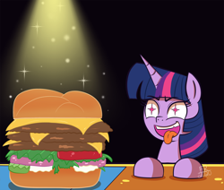Size: 1650x1400 | Tagged: safe, artist:feralroku, character:twilight sparkle, species:pony, borgarposting, burger, cheeseburger, eyes on the prize, female, food, hamburger, hamburger day, mare, meat, napkin, open mouth, ponies eating meat, solo, starry eyes, that pony sure does love burgers, tongue out, twilight burgkle, wingding eyes