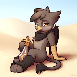 Size: 4000x4000 | Tagged: safe, artist:ohemo, oc, oc only, species:griffon, absurd resolution, desert, female, griffon oc, looking at you, pale belly, sitting, solo, sword, weapon