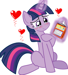 Size: 2434x2662 | Tagged: safe, artist:paperlover, artist:shakamu, character:rainbow dash, character:twilight sparkle, character:twilight sparkle (unicorn), species:pony, species:unicorn, ship:twidash, blushing, book, comic sans, crying, female, heart, high res, lesbian, magic, mare, reading, shipping, simple background, sitting, smiling, tears of joy, telekinesis, text, transparent background, vector