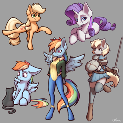 Size: 4000x4000 | Tagged: safe, artist:ohemo, character:applejack, character:rainbow dash, character:rarity, oc, species:anthro, species:earth pony, species:pegasus, species:pony, species:unguligrade anthro, species:unicorn, absurd resolution, anthro with ponies, armor, buckler, cat, clothing, extended trot pose, female, gray background, hatless, looking at you, mare, missing accessory, simple background, sword, uniform, weapon, wonderbolts uniform