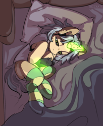 Size: 1500x1841 | Tagged: safe, artist:trickate, oc, oc only, oc:trickate, species:pony, species:unicorn, bed, butt freckles, cellphone, clothing, female, freckles, lying on bed, magic, mare, messy mane, phone, pillow, sketch, smartphone, socks, solo, striped socks