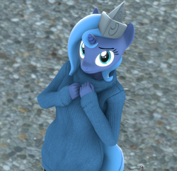Size: 1116x1080 | Tagged: safe, artist:spinostud, character:princess luna, species:anthro, species:pony, species:unicorn, moonstuck, 3d, clothing, female, filly, looking at you, paper boat, sfm pony, solo, source filmmaker, sweater, woona, younger
