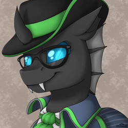 Size: 2000x2000 | Tagged: safe, artist:dreamy, artist:littledreamycat, oc, oc:alibi, species:changeling, bust, clothing, commission, fedora, glasses, hat, profile picture, spy, teamfortress2