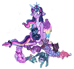 Size: 1160x1075 | Tagged: safe, artist:saphi-boo, character:twilight sparkle, character:twilight sparkle (alicorn), oc, parent:pharynx, parent:twilight sparkle, species:alicorn, species:changeling, species:changepony, species:pony, species:reformed changeling, changeling larva, colored wings, crown, female, floppy ears, hybrid, interspecies offspring, jewelry, mother and child, multicolored wings, offspring, parents:pharlight, regalia, simple background, white background, wings