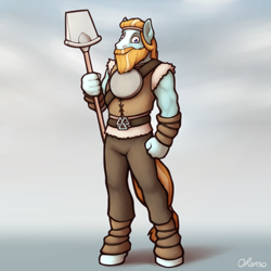 Size: 2000x2000 | Tagged: safe, artist:ohemo, character:rockhoof, species:anthro, species:earth pony, species:pony, species:unguligrade anthro, newbie artist training grounds, atg 2020, looking at you, male, rockhoof's shovel, shovel, solo