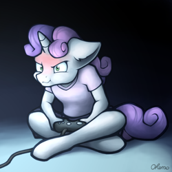 Size: 2000x2000 | Tagged: safe, artist:ohemo, character:sweetie belle, species:anthro, species:pony, species:unguligrade anthro, species:unicorn, newbie artist training grounds, angry, atg 2020, clothing, controller, cute, diasweetes, digital art, female, filly, frustrated, gamer, gamer belle, grumpy belle, madorable, solo