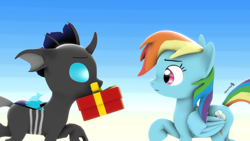 Size: 1920x1080 | Tagged: safe, artist:spinostud, character:rainbow dash, species:changeling, species:pegasus, species:pony, 3d, confused, duo, female, friendly, gift box, male, mouth hold, nervous, present, source filmmaker