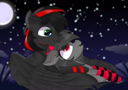 Size: 1280x905 | Tagged: safe, artist:janelearts, oc, oc only, oc:dark pony, oc:spacedragon, species:bat pony, species:pegasus, species:pony, bat pony oc, bat wings, bow, clothing, moon, night, pegasus oc, red and black mane, red and black oc, red eyes, socks, striped socks, wings
