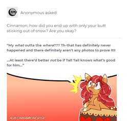 Size: 560x534 | Tagged: safe, artist:esmeia, oc, oc only, oc:cinnamon crisp, species:earth pony, species:pony, :o, ask, earth pony oc, female, freckles, mare, open mouth, surprised, tumblr