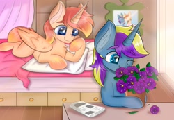 Size: 2560x1768 | Tagged: safe, artist:janelearts, oc, oc only, species:alicorn, species:pony, species:unicorn, alicorn oc, bed, female, flower, horn, mare, wings