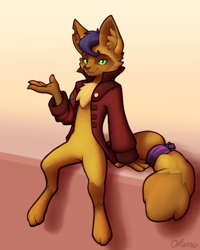 Size: 1600x2000 | Tagged: safe, artist:ohemo, character:capper dapperpaws, species:abyssinian, species:anthro, newbie artist training grounds, my little pony: the movie (2017), atg 2020, cat, clothing, coat, ear fluff, looking at you, male, signature, sitting, smiling, solo