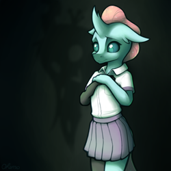 Size: 2000x2000 | Tagged: safe, artist:ohemo, character:ocellus, species:anthro, species:changeling, species:reformed changeling, newbie artist training grounds, atg 2020, clothing, cute, diaocelles, female, high res, school uniform, skirt, when you see it
