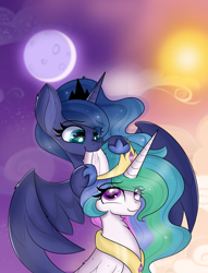 Size: 4669x6101 | Tagged: safe, alternate version, artist:janelearts, character:princess celestia, character:princess luna, species:alicorn, species:pony, absurd resolution, biting, commission, cute, cutelestia, duo, ear bite, ear fluff, female, looking at each other, looking up, lunabetes, mare, nom, one eye closed, royal sisters, siblings, sisters, smiling, spread wings, transparent mane, wings