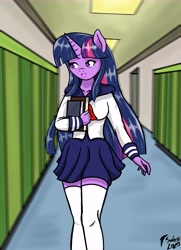 Size: 6511x8995 | Tagged: safe, artist:brekrofmadness, character:twilight sparkle, species:anthro, absurd resolution, book, clothing, female, lockers, schoolgirl, socks, solo, thigh highs, zettai ryouiki