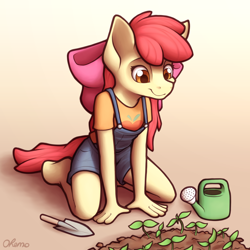 Size: 2000x2000 | Tagged: safe, artist:ohemo, character:apple bloom, species:anthro, species:earth pony, species:pony, species:unguligrade anthro, newbie artist training grounds, adorabloom, atg 2020, clothing, cute, female, filly, kneeling, overalls, plant, planting, solo, trowel, watering can