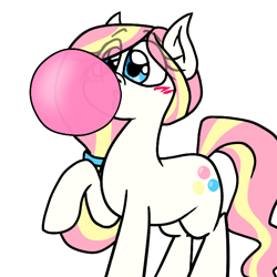 Size: 650x650 | Tagged: safe, artist:alittleofsomething, oc, oc only, oc:bubble burst, species:earth pony, species:pony, blowing, blushing, bubble, bubblegum, female, food, gum, mare, raised hoof, solo