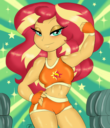Size: 956x1112 | Tagged: safe, artist:purfectprincessgirl, character:sunset shimmer, my little pony:equestria girls, bad anatomy, blushing, bra, clothing, commission, cutie mark, cutie mark on clothes, female, fingerless gloves, flexing, gloves, lidded eyes, looking at you, muscles, shorts, solo, sports bra, sports panties, sports shorts, sunset lifter, sweat, workout outfit