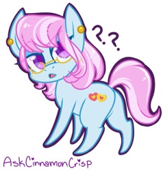 Size: 655x688 | Tagged: safe, artist:esmeia, oc, oc only, oc:shortstack, species:earth pony, species:pony, chibi, ear piercing, earth pony oc, female, glasses, looking back, mare, piercing, question mark, simple background, solo, white background