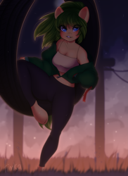 Size: 2915x4000 | Tagged: safe, artist:timkaa, oc, oc only, oc:oasis, species:anthro, anthro oc, blue eyes, clothing, commission, female, flowing hair, green hair, jacket, pants, relaxing, ych result