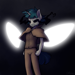 Size: 2000x2000 | Tagged: safe, artist:ohemo, character:pony of shadows, character:stygian, species:anthro, species:pony, species:unicorn, newbie artist training grounds, atg 2020, blank eyes, clothing, glowing eyes, male, pants, solo