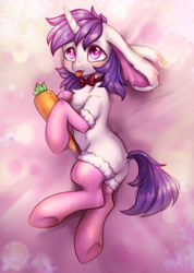 Size: 1852x2600 | Tagged: safe, artist:zefirka, oc, oc only, oc:lapush buns, species:pony, species:unicorn, abstract background, bow tie, bunny ears, bunnycorn, carrot, clothing, cute, food, male, socks, solo, stallion, tongue out, underhoof