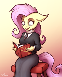 Size: 1600x2000 | Tagged: safe, artist:ohemo, character:flutterbat, character:fluttershy, species:anthro, species:bat pony, newbie artist training grounds, atg 2020, bat ponified, book, breasts, busty fluttershy, fangs, female, fluttergoth, open mouth, race swap, reading, scared, shaking, sitting, solo, sweat, sweating profusely
