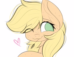 Size: 2560x1998 | Tagged: safe, artist:janelearts, character:applejack, species:earth pony, species:pony, cute, ear freckles, female, floating heart, freckles, heart, jackabetes, mare, no pupils, one eye closed, simple background, sketch, solo, white background