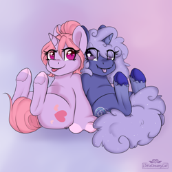 Size: 2000x2000 | Tagged: safe, artist:dreamy, artist:littledreamycat, oc, oc:cozy, oc:maple, species:anthro, species:pony, species:unicorn, blepping, chibi, commission, cute, female, friends, mare, mlem, silly, tongue out, your character here