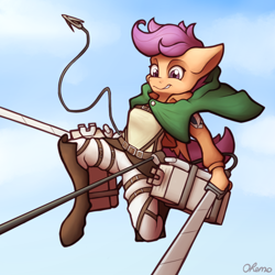 Size: 2000x2000 | Tagged: safe, artist:ohemo, character:scootaloo, species:anthro, species:pegasus, species:pony, newbie artist training grounds, anime, atg 2020, attack on titan, clothing, crossover, female, harness, solo, sword, tack, weapon