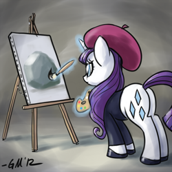 Size: 640x640 | Tagged: safe, artist:giantmosquito, character:rarity, character:tom, species:pony, species:unicorn, beatnik rarity, beret, butt, canvas, clothing, female, hat, magic, mare, paintbrush, painting, plot, rock, solo, sweater, telekinesis
