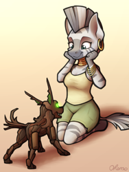 Size: 1500x2000 | Tagged: safe, artist:ohemo, character:zecora, species:anthro, species:pony, species:unguligrade anthro, species:zebra, newbie artist training grounds, armband, atg 2020, clothing, cute, ear piercing, earring, encounter, female, jewelry, kneeling, mare, neck rings, piercing, puppy, shorts, smiling, tank top, timber wolf, zecorable