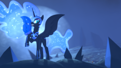 Size: 1920x1080 | Tagged: safe, artist:spinostud, character:nightmare moon, character:princess luna, species:alicorn, species:pony, 3d, armor, crystal, ethereal mane, fangs, female, glowing mane, jewelry, moon, night, regalia, slit eyes, solo, source filmmaker, spread wings, tall alicorn, wings