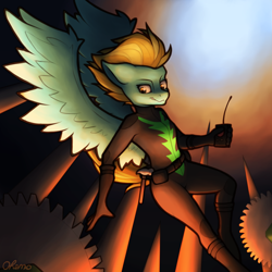 Size: 2000x2000 | Tagged: safe, artist:ohemo, character:lightning dust, species:anthro, species:pegasus, species:pony, newbie artist training grounds, atg 2020, bodysuit, clothing, female, hammer, mare, remote, solo, uniform, washouts uniform