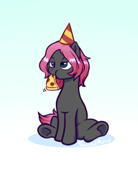 Size: 400x500 | Tagged: safe, artist:soulfulmirror, oc, oc:soulful mirror, ponysona, species:earth pony, species:pony, birthday, clothing, eating, food, hat, male, meat, party hat, pepperoni, pepperoni pizza, pizza, solo, stallion