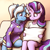 Size: 2000x2000 | Tagged: safe, artist:ohemo, character:starlight glimmer, character:trixie, species:anthro, species:pony, species:unicorn, newbie artist training grounds, g4, alternate hairstyle, atg 2020, babysitter trixie, clothing, duo, female, hoodie, mare, pillow