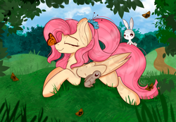 Size: 5787x3996 | Tagged: safe, artist:janelearts, character:angel bunny, character:fluttershy, species:pony, species:rabbit, episode:the last problem, g4, my little pony: friendship is magic, absurd resolution, animal, butterfly, chest fluff, cute, ear fluff, eyes closed, older, older fluttershy, profile, prone, shyabetes
