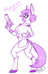 Size: 393x608 | Tagged: safe, artist:esmeia, oc, oc only, species:anthro, species:earth pony, species:pony, species:unguligrade anthro, clothing, earth pony oc, female, glasses, gun, limited palette, lineart, simple background, unshorn fetlocks, weapon, white background