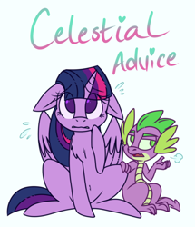 Size: 660x768 | Tagged: safe, artist:esmeia, character:spike, character:twilight sparkle, character:twilight sparkle (alicorn), species:alicorn, species:dragon, species:pony, episode:celestial advice, g4, my little pony: friendship is magic, chest fluff, duo, eye clipping through hair, female, floppy ears, looking up, male, mare, nervous, open mouth, simple background, sitting, white background