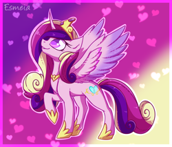Size: 950x810 | Tagged: safe, artist:esmeia, character:princess cadance, species:alicorn, species:pony, abstract background, cute, cutedance, female, heart, hoof shoes, jewelry, looking up, mare, peytral, raised hoof, smiling, solo, tiara