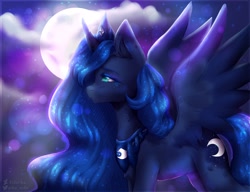 Size: 2600x2000 | Tagged: safe, artist:zefirka, character:princess luna, species:alicorn, species:pony, cloud, crown, cutie mark, female, full moon, hair over one eye, high res, jewelry, looking at each other, moon, regalia, solo