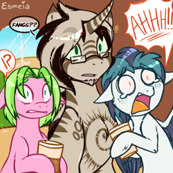 Size: 500x500 | Tagged: safe, artist:esmeia, oc, oc only, oc:mkali, species:earth pony, species:pegasus, species:pony, species:zebra, bust, cup, earth pony oc, female, glasses, male, mare, open mouth, pegasus oc, scared, smiling, stallion, surprised, talking, white eyes, wings, zebracorn