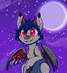 Size: 648x705 | Tagged: safe, artist:esmeia, oc, oc only, parent:discord, parent:princess luna, parents:lunacord, species:pony, bust, chest fluff, curved horn, full moon, horn, hybrid, interspecies offspring, male, moon, night, offspring, smiling, solo, stallion, stars, wings