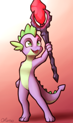 Size: 1200x2000 | Tagged: safe, artist:ohemo, character:spike, species:dragon, newbie artist training grounds, atg 2020, bloodstone scepter, cute, dragon lord spike, fangs, gem, gradient background, happy, male, open mouth, scepter, spikabetes