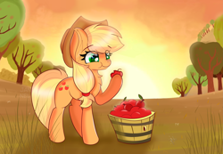 Size: 5787x3996 | Tagged: safe, artist:janelearts, character:applejack, species:pony, apple, apple tree, chest fluff, cute, ear fluff, eating, female, food, herbivore, jackabetes, solo, sunset, sweet apple acres, tree