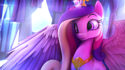 Size: 3840x2160 | Tagged: safe, artist:lunar57, character:princess cadance, species:alicorn, species:pony, 3d, beautiful, bust, crystal, crystal empire, cute, cutedance, female, head tilt, horn, looking at something, mare, portrait, pretty, raised hoof, smiling, solo, source filmmaker, spread wings, wallpaper, wings