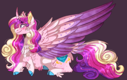 Size: 1214x768 | Tagged: safe, artist:wanderingpegasus, character:princess cadance, species:alicorn, species:pony, cheek fluff, chest fluff, cloven hooves, colored wings, curved horn, ear fluff, feathered fetlocks, female, horn, mare, multicolored wings, purple background, redesign, simple background, smiling, tail feathers, wings