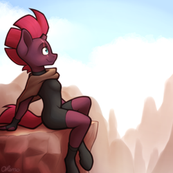Size: 2000x2000 | Tagged: safe, artist:ohemo, character:tempest shadow, species:anthro, species:pony, species:unguligrade anthro, species:unicorn, newbie artist training grounds, atg 2020, boots, broken horn, clothing, eye scar, female, fingerless gloves, gloves, high res, horn, mare, outdoors, profile, scar, shoes, sitting, solo